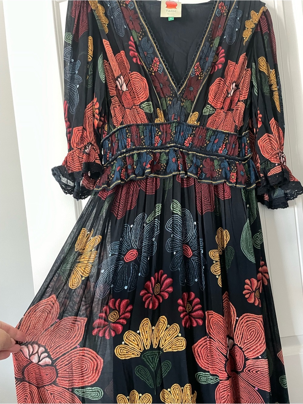 Farm Rio Floral V-Neck Tiered Maxi Dress in Black - Picture 5 of 11